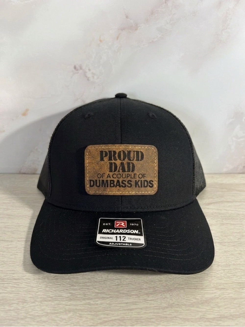 Richardson Trucker Hat with 'Proud Dad' laser engraved leather patch